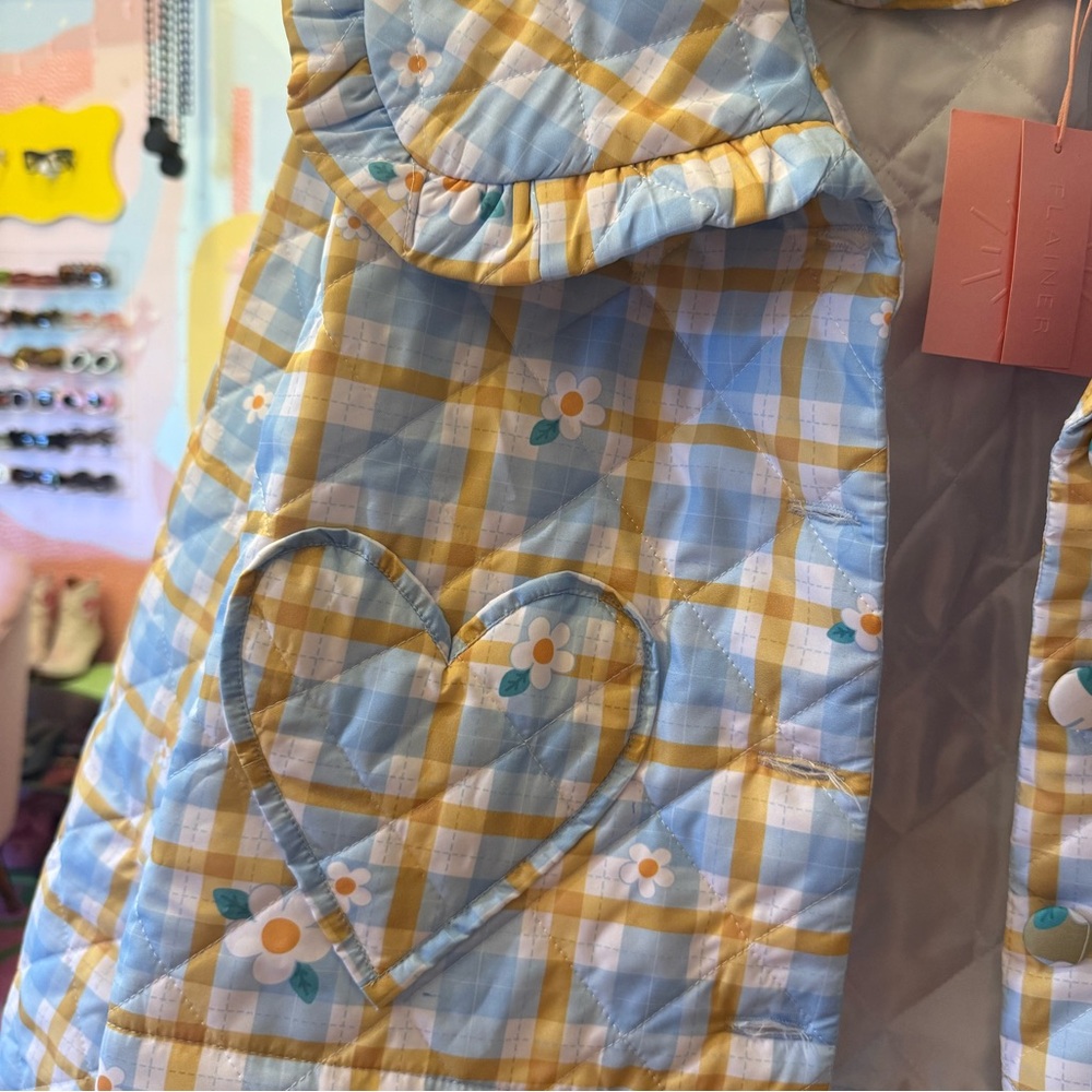 Plaid Ruffle-Collar Puffer Jacket in Blue & Yellow - Picture 11 of 12